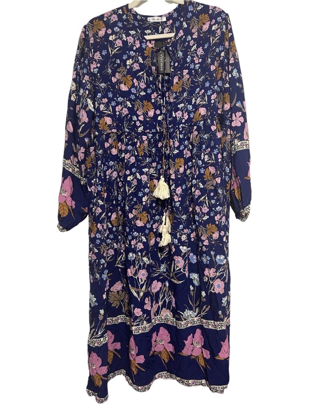 R.Vivimos Boho Floral V-Neck Tassel Midi Dress Dark Blue 2XL Viral House Dress